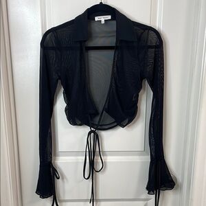 Bear Dance Black Bell Sleeve Tie-Front Blouse